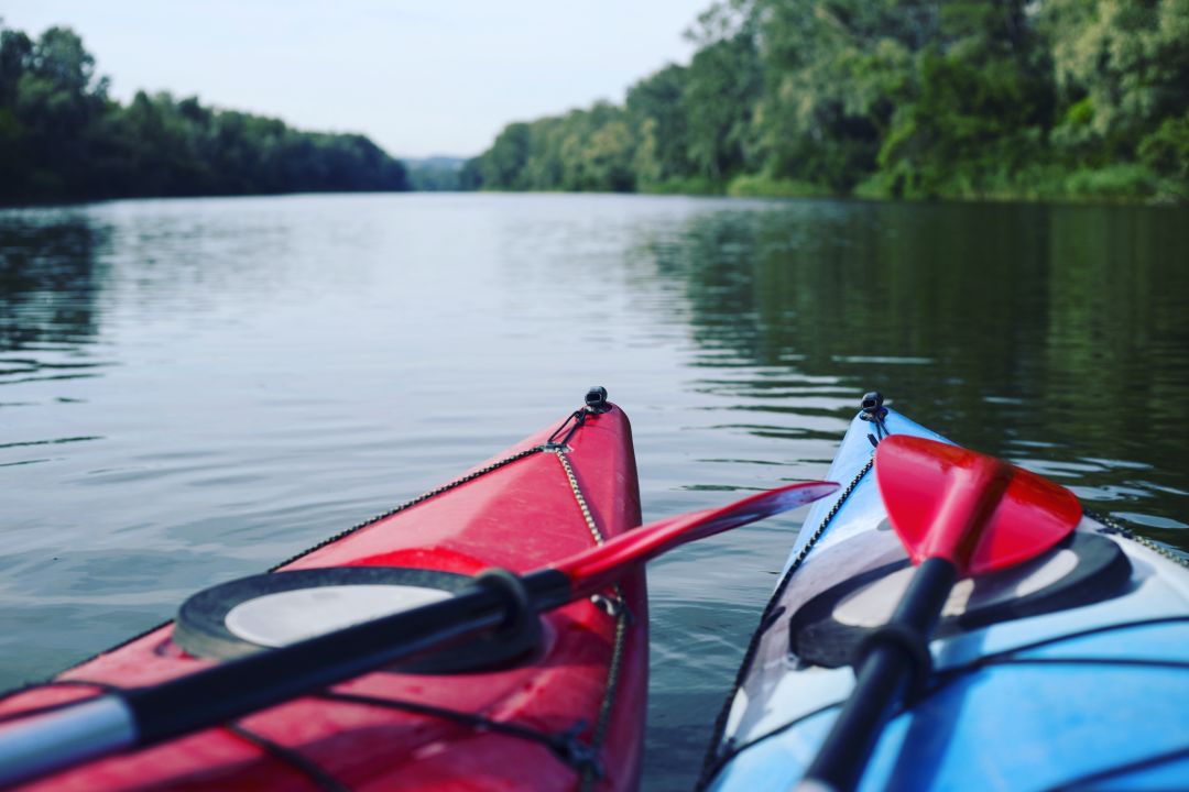 Two kayaks on flat water with trees in background