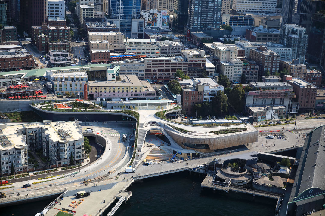 Seattle Waterfront's New Elevated Walkway Lastly Opens 2 OverlookWalk Aerial Credit TimRice webedit gufusv