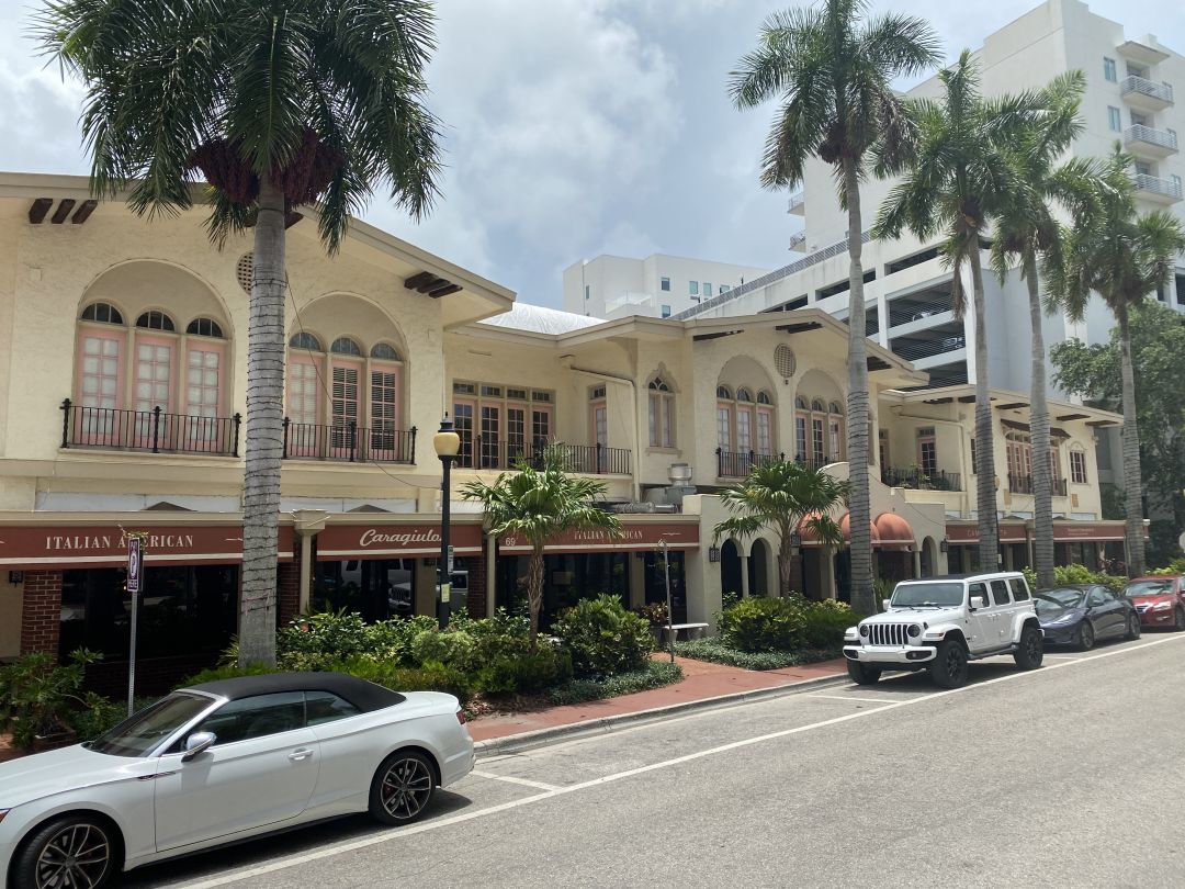Exterior image of the historic Mira Mar plaza on Palm Avenue.
