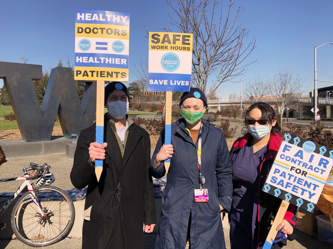 Health care workers during a "unity break" for a better contract.