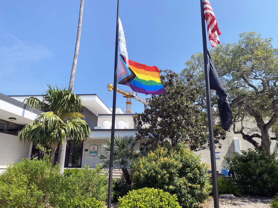 The Progress Pride flag at Sarasota's City Hall.