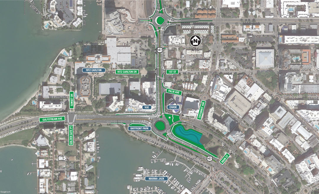 Aerial map of US 41 and Gulfstream Avenue roundabout and construction area.