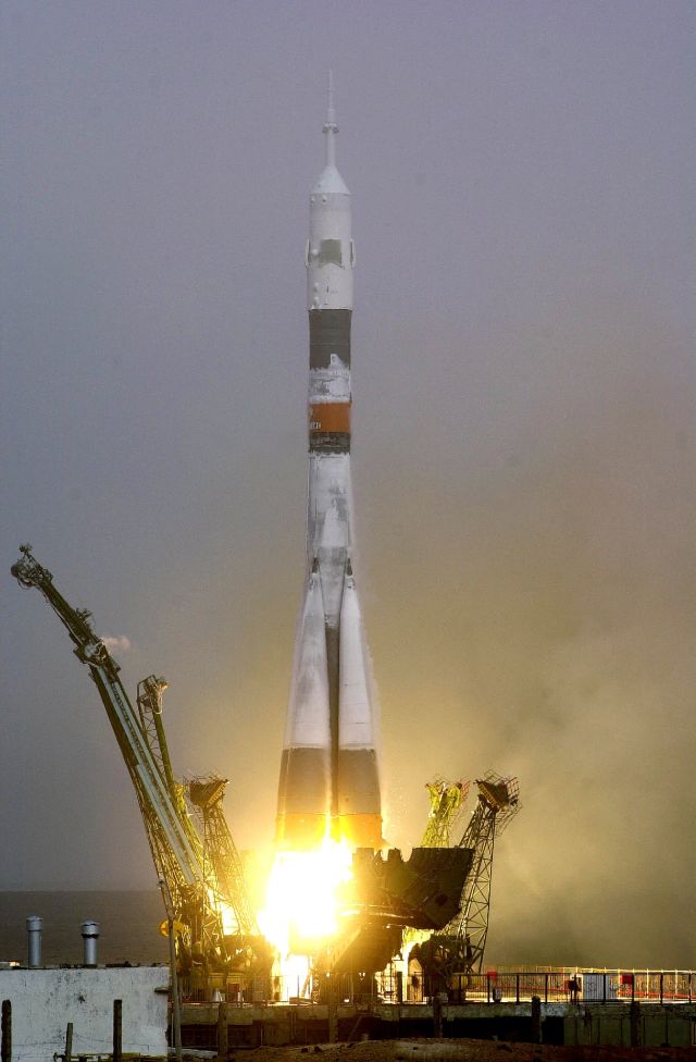 Soyuz spacecraft Expedition One lifts off from the Baikonur Cosmodrome on October 31, 2000.