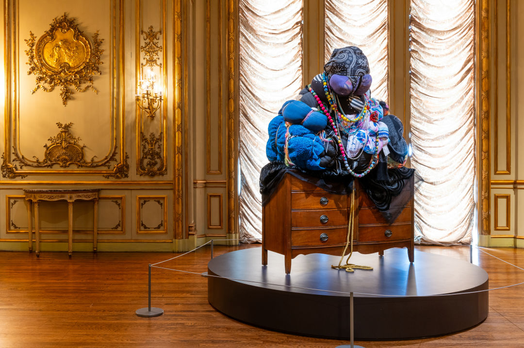 Mitumba Deity II by Shinique Smith is installed in the Astor Salon gallery in The Ringling Museum of Art.