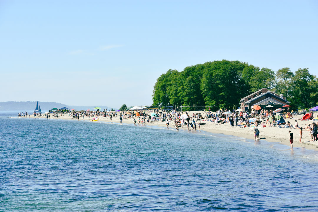 A wide shot of the beach at Golden Gardens in Ballard.