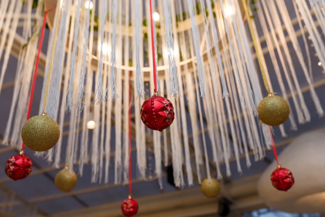 Ornaments hanging from a chandelier