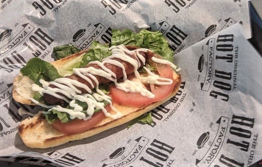 A hotdog from The Original Hot Dog Factory.