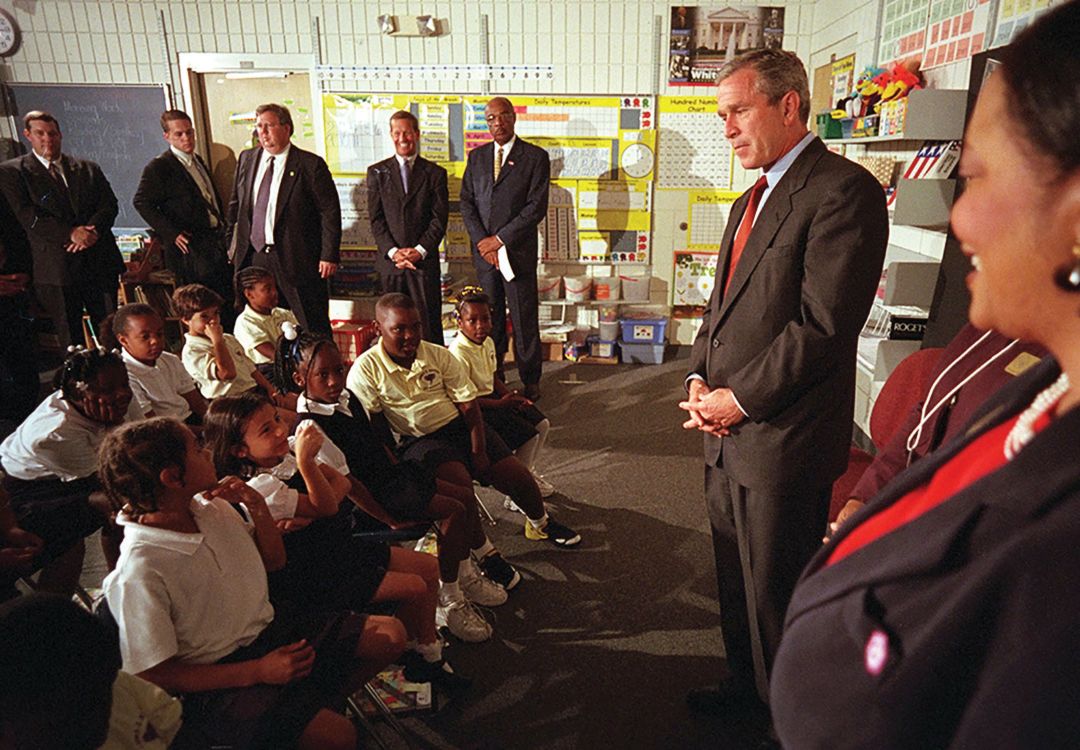 President Bush greeting students at Emma E. Booker Elementary on 9/11.