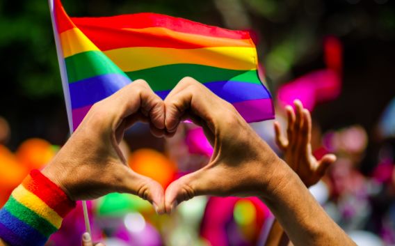 Rainbow flag and hand heart