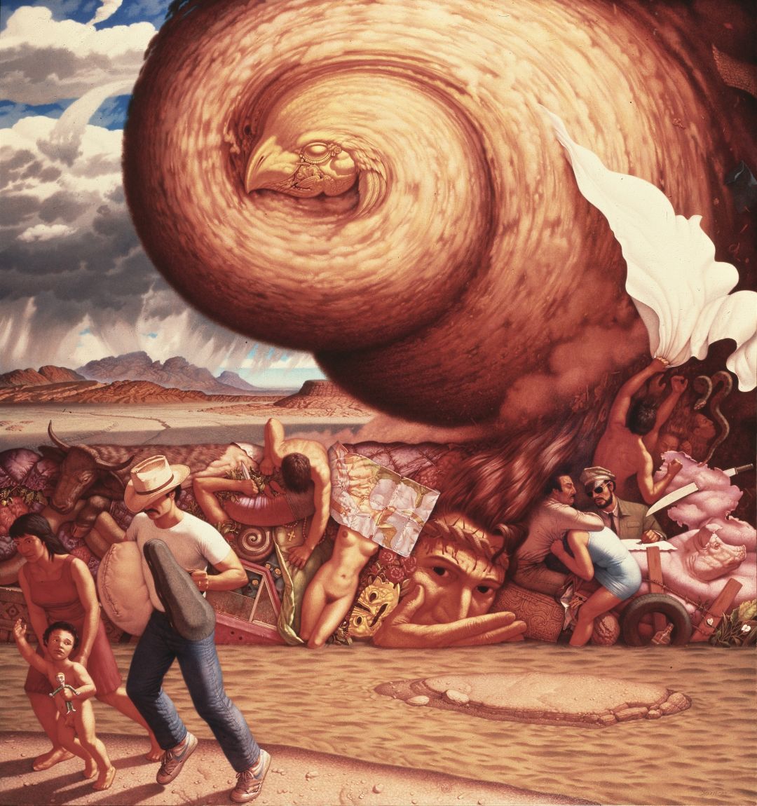 A neo-surrealist painting featuring a migrant family being chased by a tornado with an eagle's head. The tornado has also picked up Jesus with his crown of thorns, a nude woman, livestock, and more.