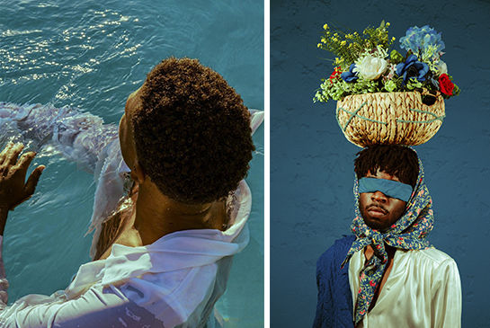 Fine art photography of local artist of black man carrying flowers