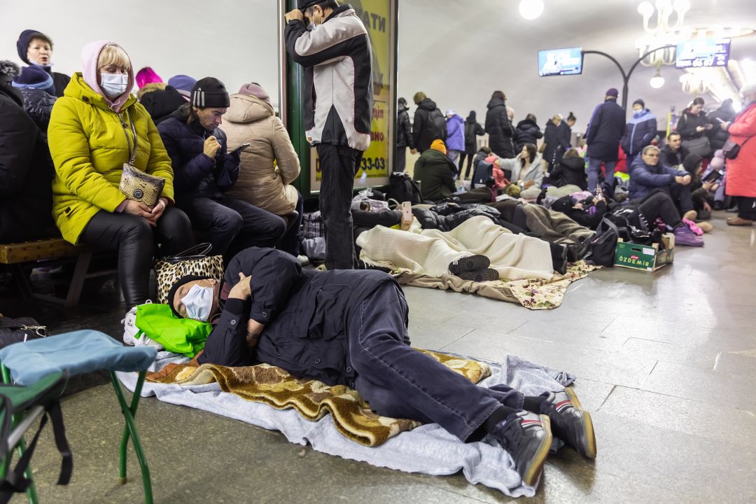 Ukrainians take shelter in a Kyiv subway station during the Russian invasion.