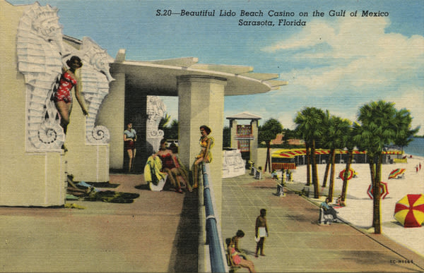 A postcard shows the beach pavilion’s concrete seahorses