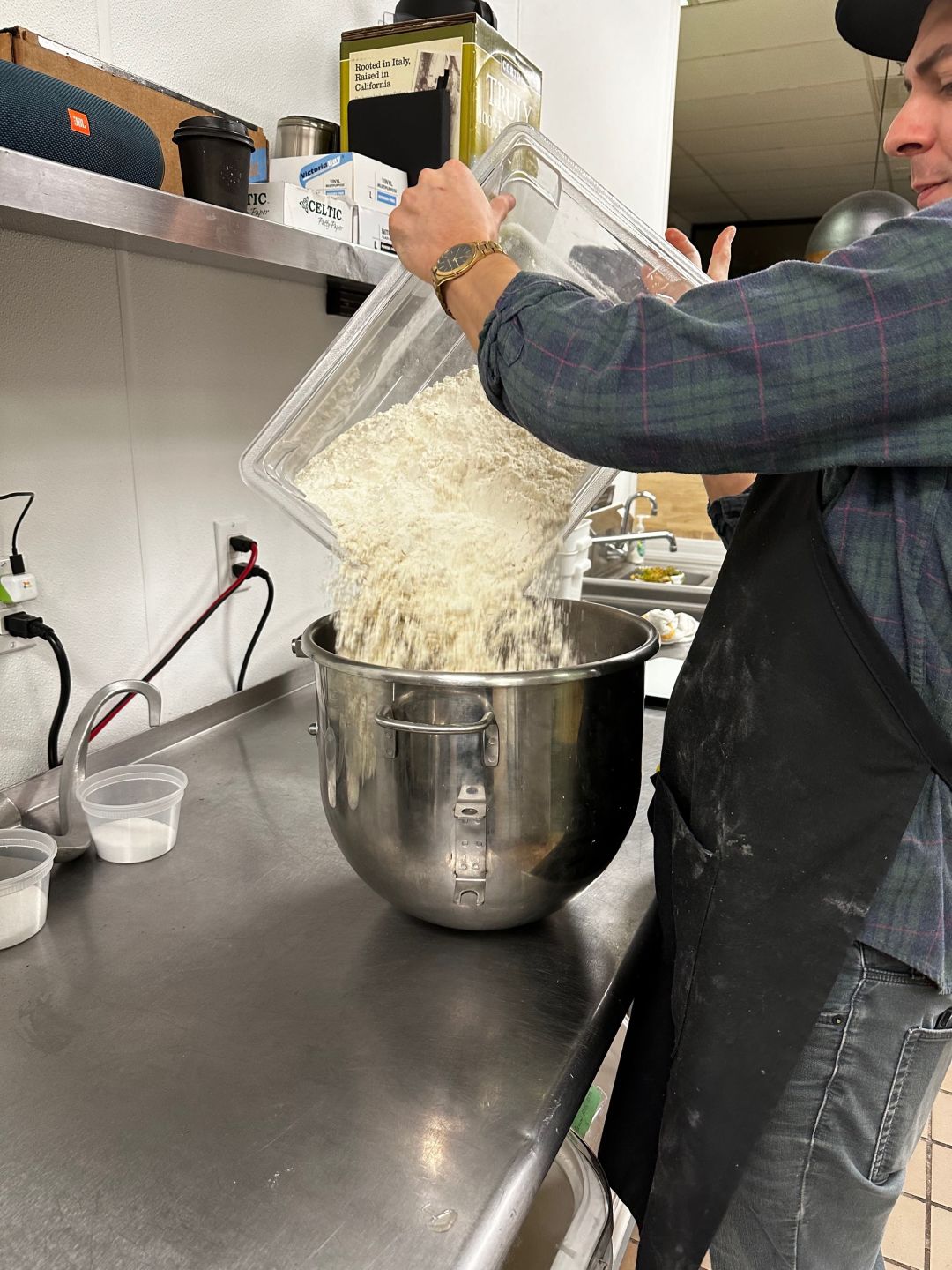 Focaccia Sandwich + Bakery owner Nick Sammelman makes focaccia dough to be baked in 48 hours.