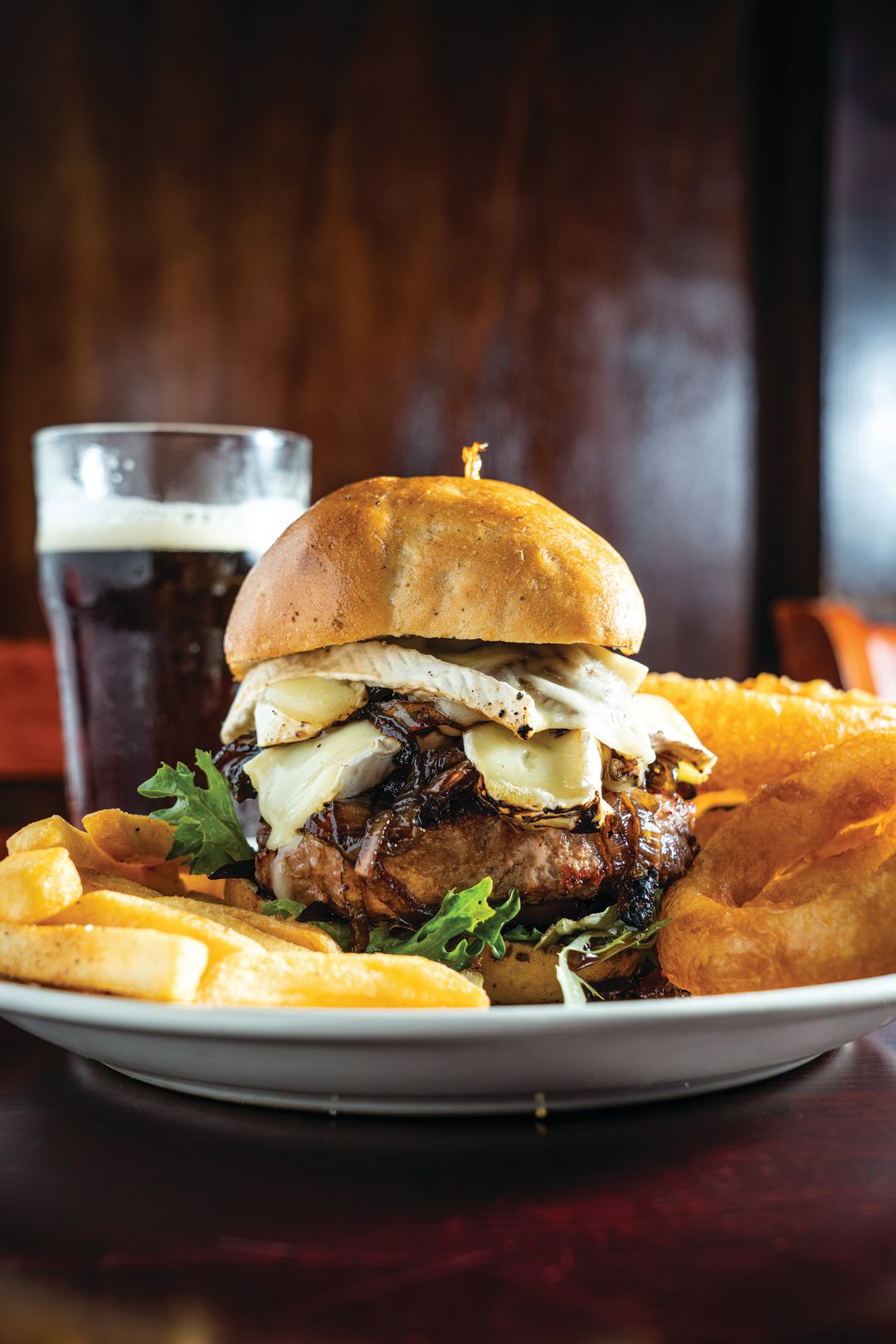 Shakespeare's brie and caramelized onion burger