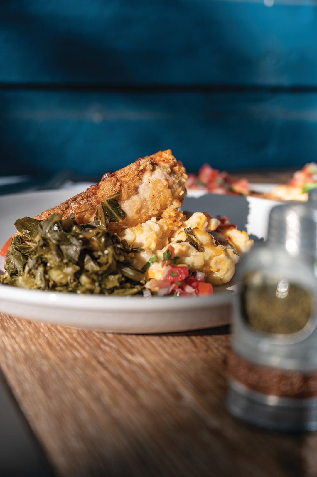 Cottonmouth Southern Soul Kitchen’s fried chicken, macaroni and cheese and collard greens.