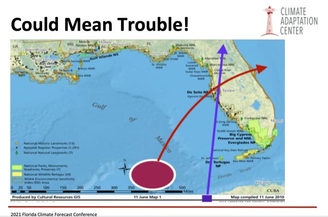 The Climate Adaptation Center's worst-case scenario forecast for Suncoast hurricanes. The purple and red box shows the worst location for a storm from the Suncoast's point of view.