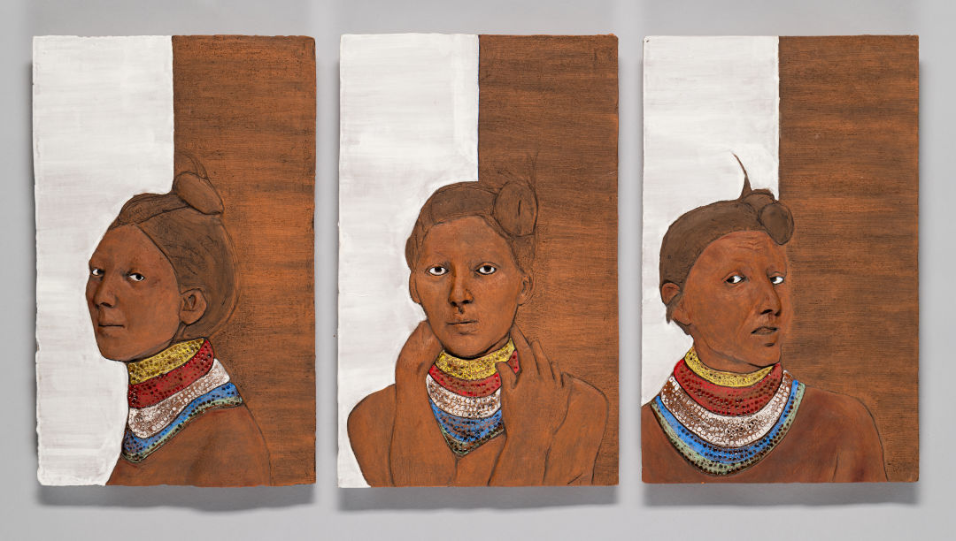 Jessica Osceola (Seminole/Irish, b. 1984), Portrait One, Portrait Two, and Portrait Three (detail), 2017, bas-relief ceramic, 19 7/8 × 12 3/8 × 13/16 in. Collection of The John & Mable Ringling Museum of Art, Florida State University, purchased with the support of Daniel J. Denton Florida Art Acquisition Fund., 2022, 2022.8.3. Courtesy of the artist and The John & Mable Ringling Museum of Art.