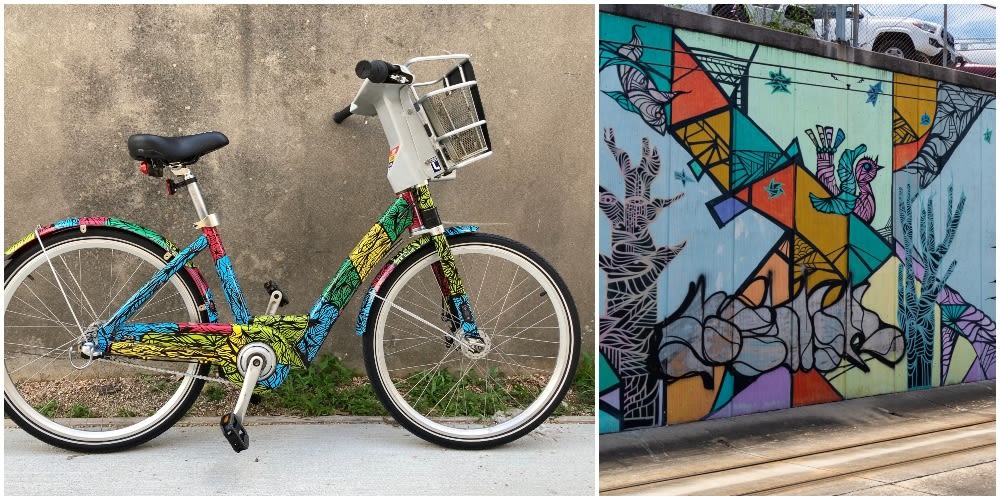 A painted bike and a mural.
