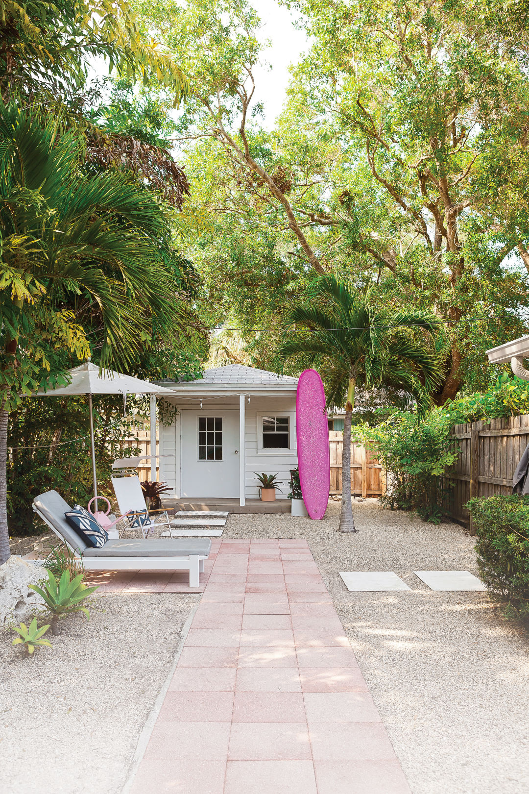 Stephenson's fenced-in backyard is a tropical oasis that creates a private staycation feeling.