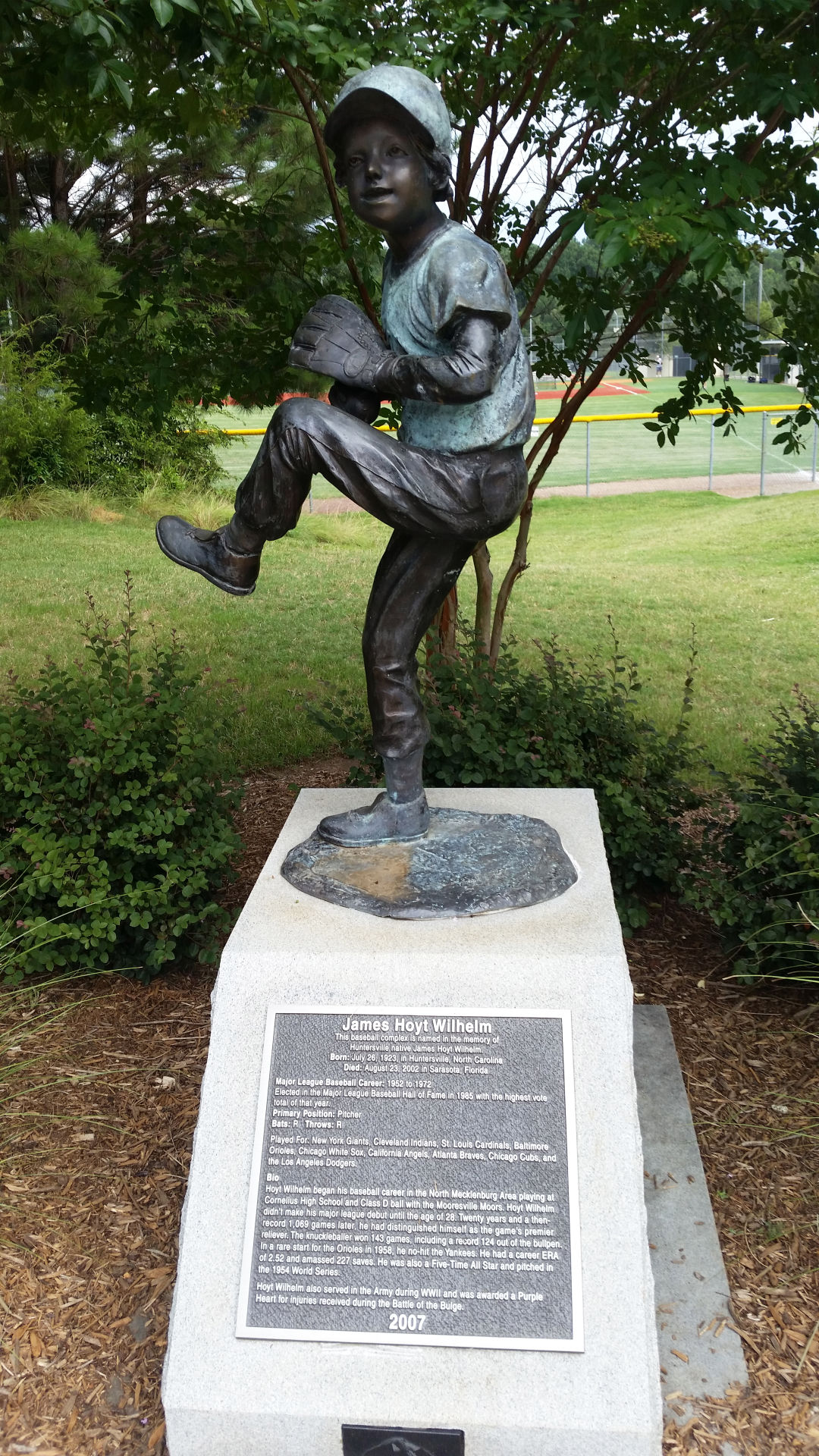 James Hoyt Wilhelm Commemorative Statue outside Huntersville Athletic Park in Huntersville, North Carolina.