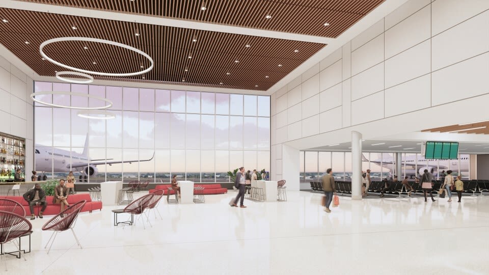 Amenities and services for passengers including a new bar, café, restaurant and marketplace in the double-height connector hall.