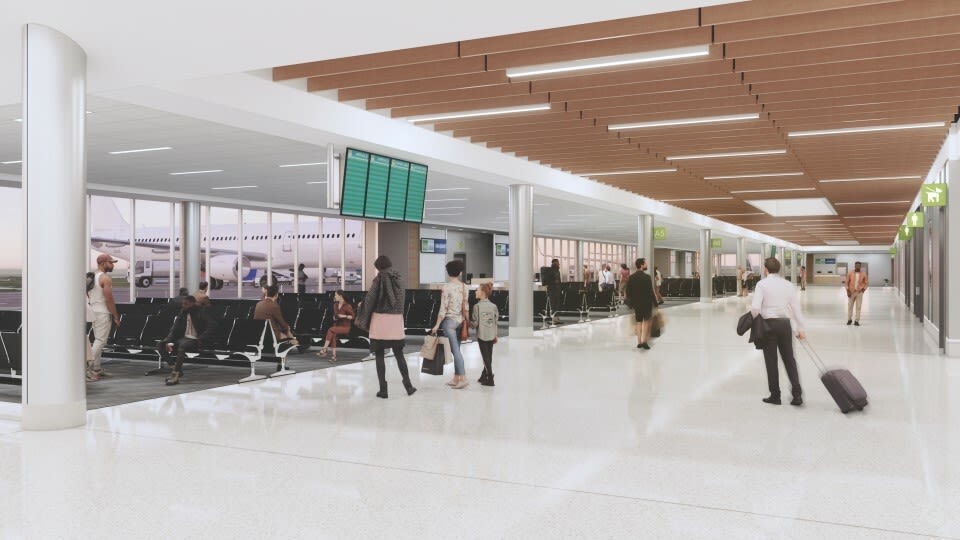 The new five-gate terminal will cover 75,300 square feet and include a four-lane security checkpoint and five boarding hold rooms with 970 seats.