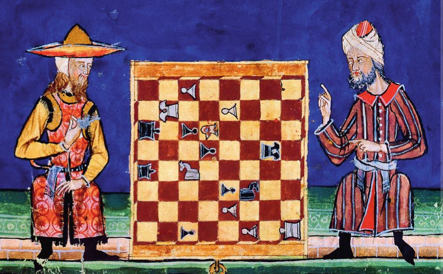 A medieval piece of artwork depicting two men playing chess.
