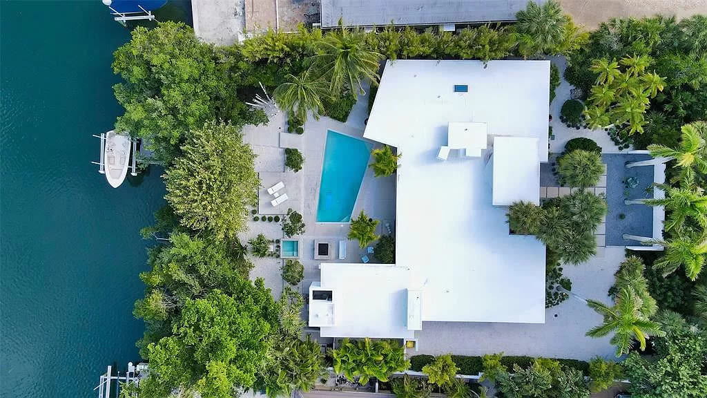 An aerial shot of the home, which sits on .39 of an acre on a deepwater canal.