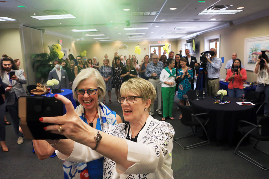 The Community Foundation of Sarasota's Roxie Jerde (left) and The Patterson Foundation's Debra Jacobson during the 2022 Giving Challenge.