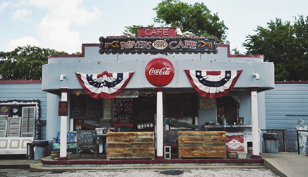 The exterior of Royers Round Top Cafe.