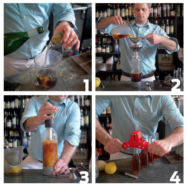Bartender bottling cocktail yr0bjb