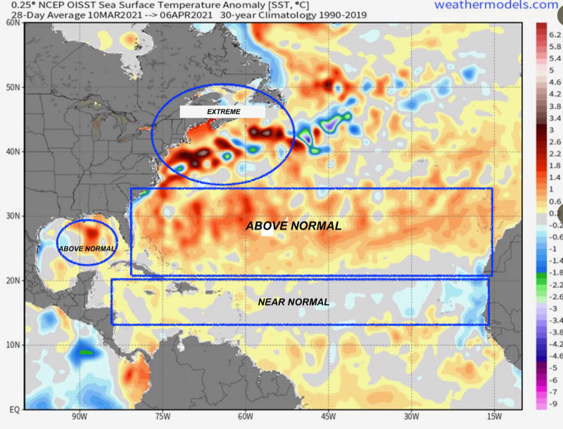 Sea Surface Temperatures (SSTs) are warmer than usual, which mean favorable conditions for hurricanes.