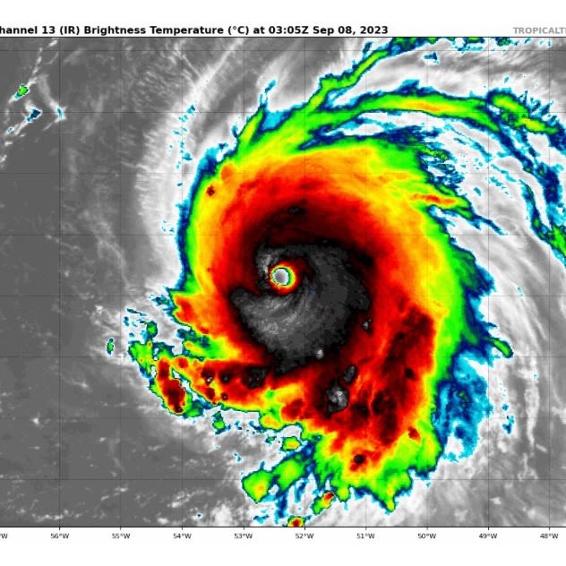 An infrared NOAA satellite image of Hurricane Lee at the time of becoming a Category 5 storm.