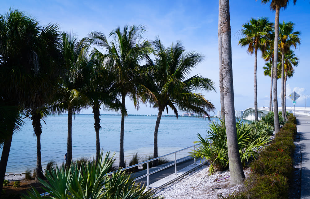 The parking lot at Bird Key with a view of the Ringling Bridge