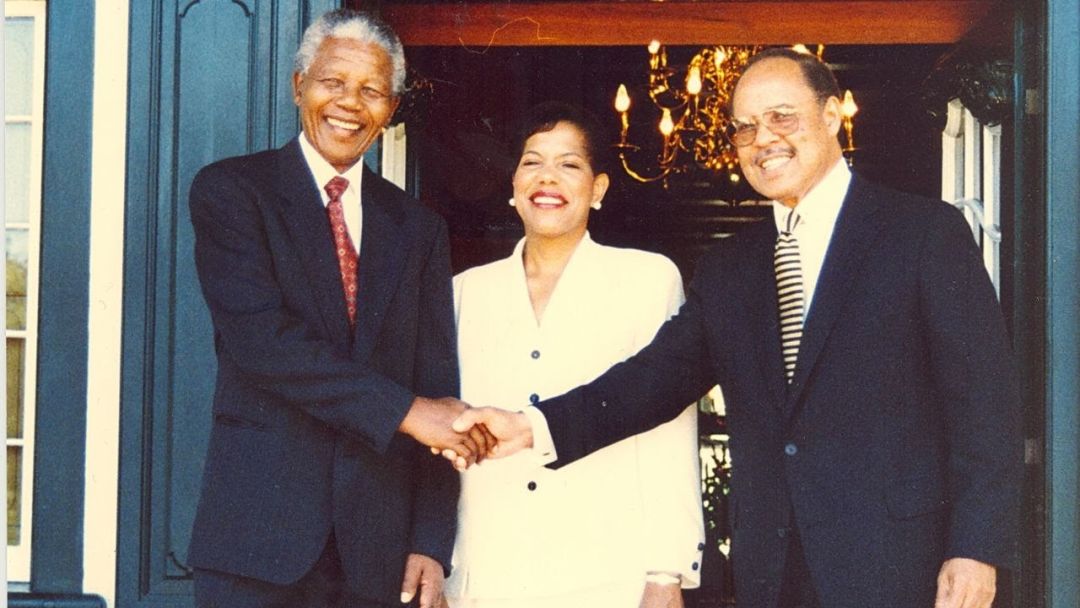 President Nelson Mandela, Mary Braxton-Joseph, and Ambassador James A. Joseph in February 1996.