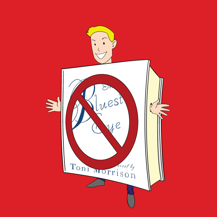 Illustration of a man in a book costume with a "no" sign over the title.