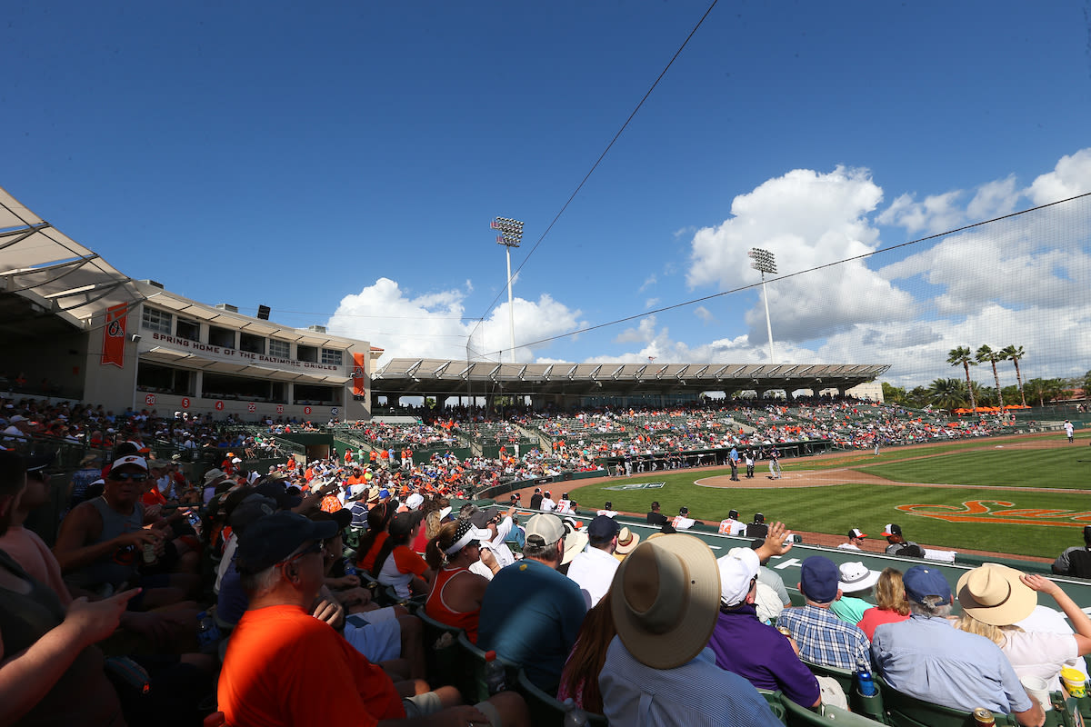 Baltimore Orioles Jackson Holliday (87) during the national anthem before a  spring training baseball game against the Toronto Blue Jays on March 1,  2023 at Ed Smith Stadium in Sarasota, Florida. (Mike