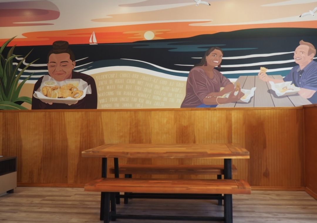 The mural at Kiwi Style Fish and Chips.