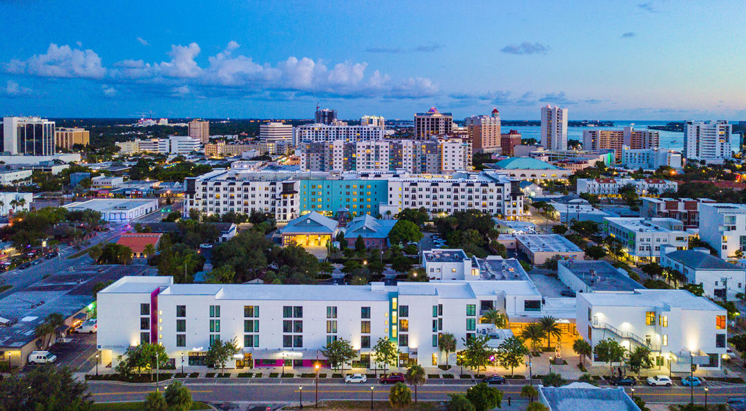 An aerial view of Rosemary Square in downtown Sarasota.