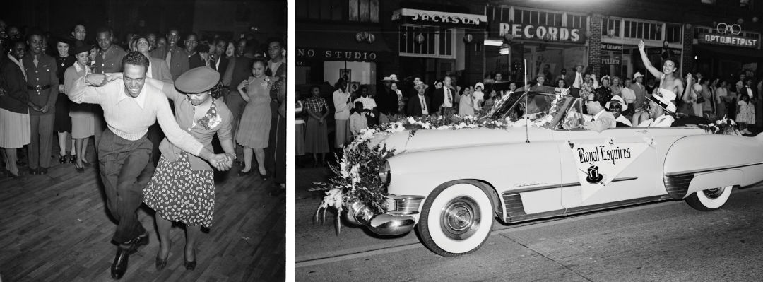 A cadillac on jackson street displays the royal esquires banner during the international festival parade in 1950 z2bpgg