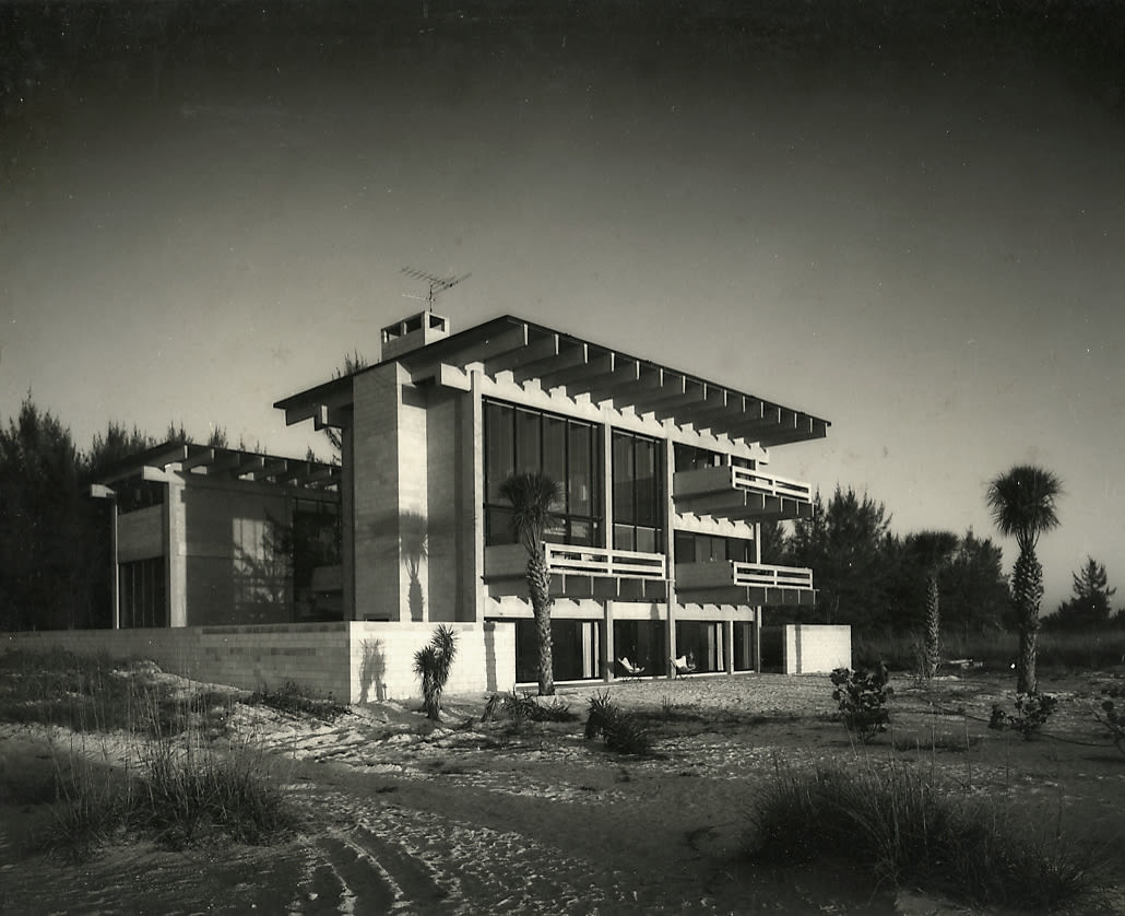A black and white image of Syd Solomon's home on Big Pass, designed by Gene Leedy.