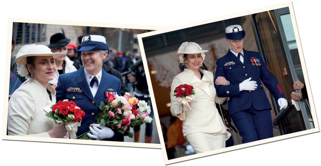 Deb Needham and Nancy Monahan descend the stairs at Seattle City Hall after getting married.