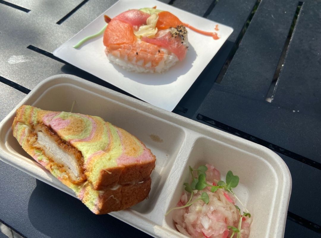 Katsu sando and sushi donut at the Japan pavilion.