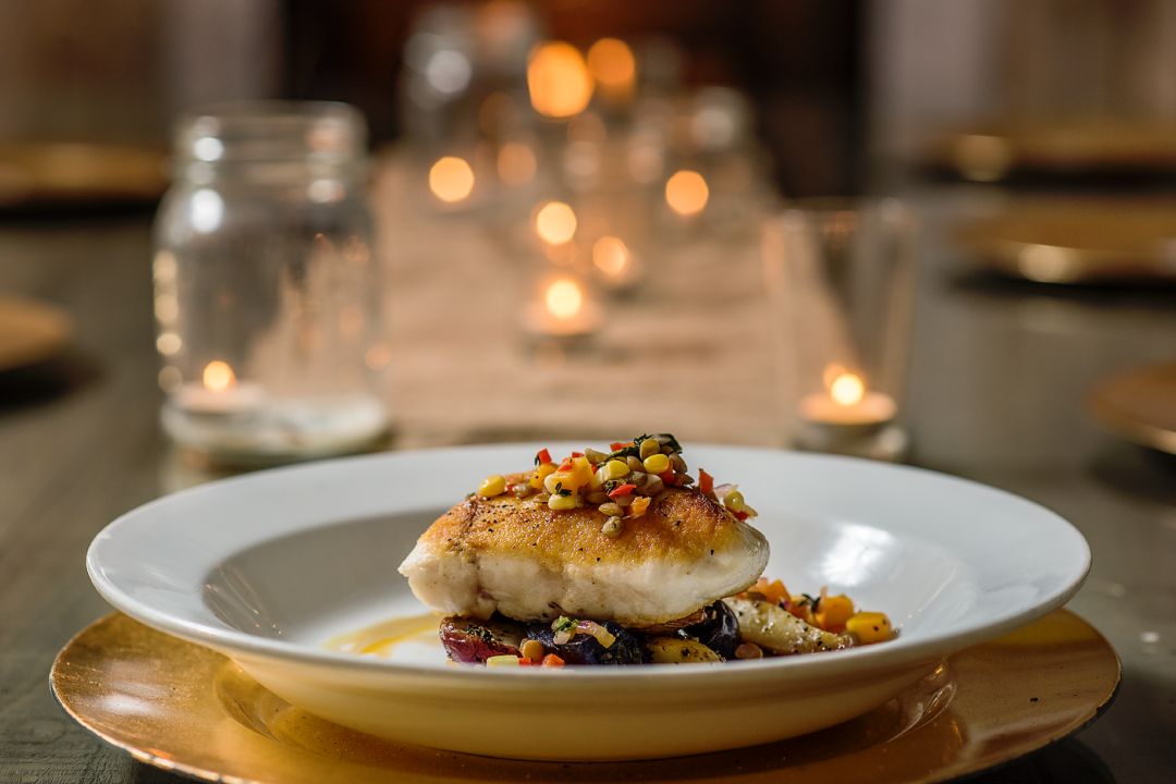 Pan-seared Alaskan halibut, with a maple sage glaze.