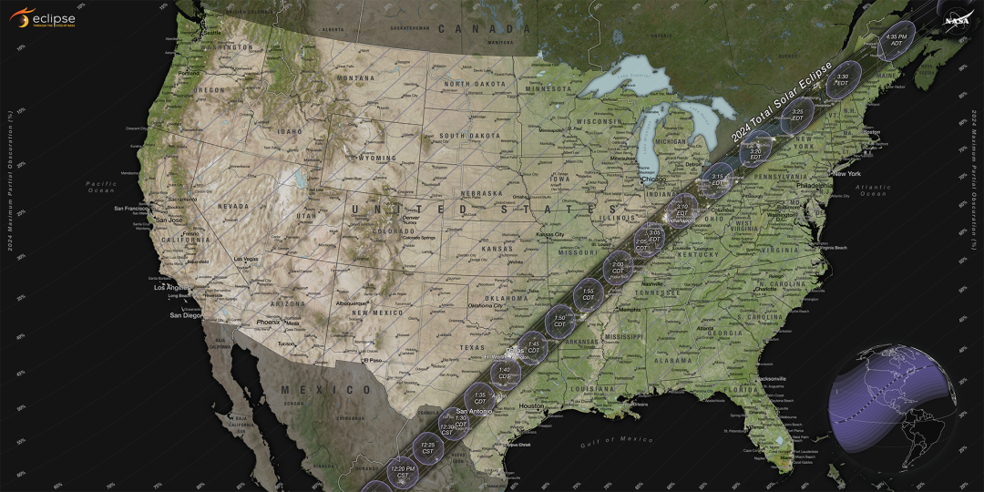 The path of the total solar eclipse on April 8, 2024.