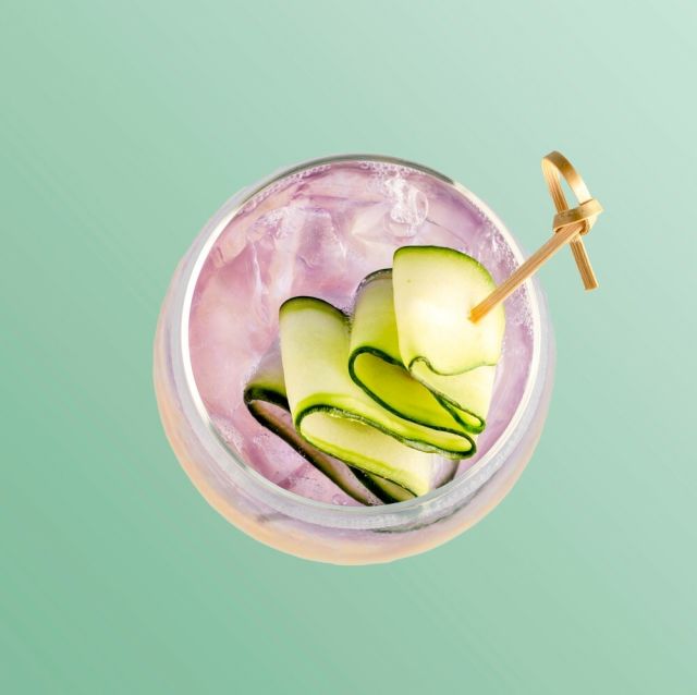 A lavender-colored gin cocktail.