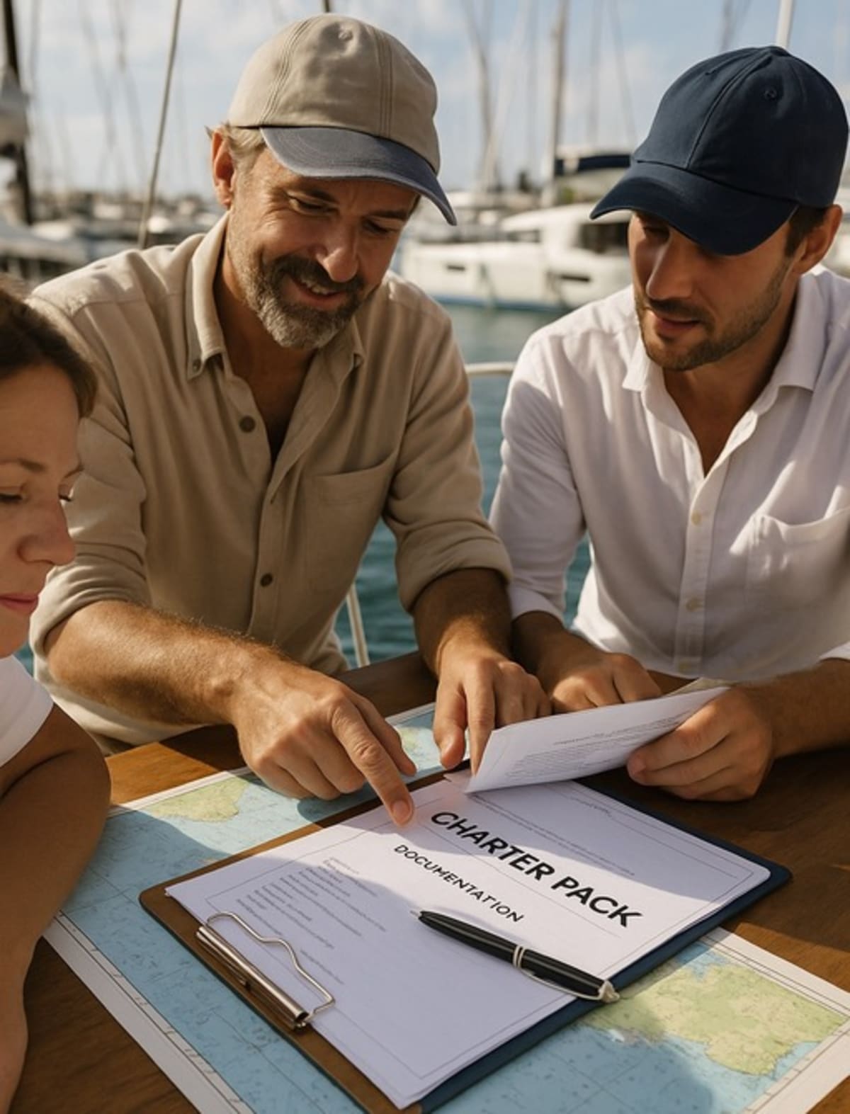 Crew reviewing sailing resume before a charter trip