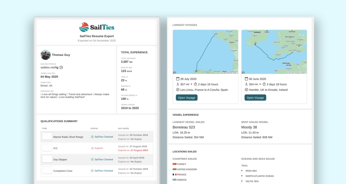 Sample of a printed sailing resume with details