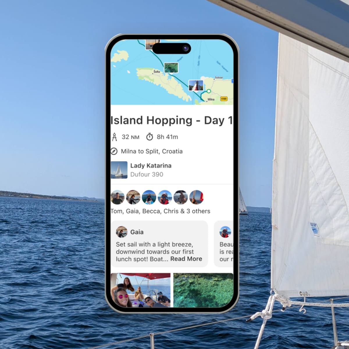 Screenshot of SailTies trip log entry with GPS track, roles, and weather